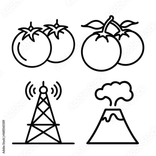 Tomatoes communication tower erupting volcano fruit