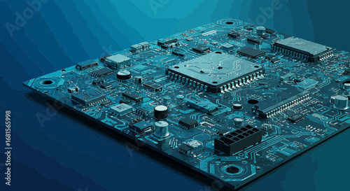 Detailed view of a complex blue printed circuit board in studio shot
