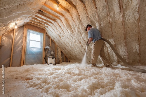 Construction worker insulating attic with spray foam insulation for energy efficiency and temperature control