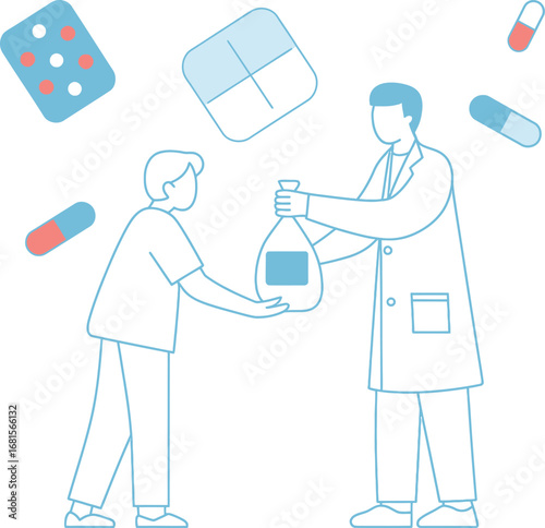 Pharmacist hands medicine bottle to patient surrounded by medical supplies and pills
