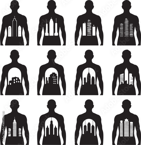 Human silhouettes with city skyline inside torso and abdomen woman body