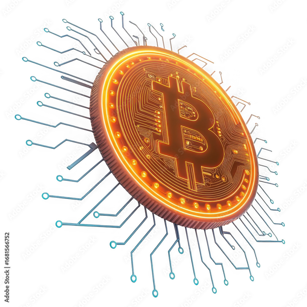 Fototapeta premium Glowing bitcoin cryptocurrency coin connected to digital circuit board isolated on transparent background