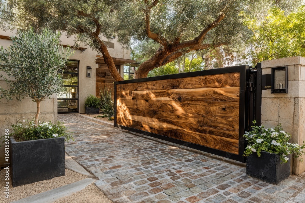 Obraz premium Sliding wooden gate combining wood and metal, enhancing the entrance of a contemporary house with cobblestone driveway