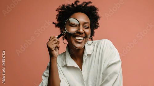 Studio portrait of a cheerful young woman holding a magnifying glass over her eye, smiling broadly as she investigates something intriguing against a vibrant peach backdrop