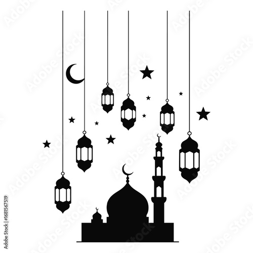 Ramadan Mosque and Hanging Lanterns with Crescent Moon and Stars Silhouette Islamic architecture minaret
