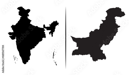 Illustrated side-by-side comparison shows the black silhouette maps of India and Pakistan against a clean white background, separated by a vertical line, ideal for geographic studies