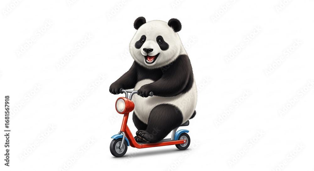 Naklejka premium A cheerful cartoon giant panda happily riding a small red and blue scooter on a white background.