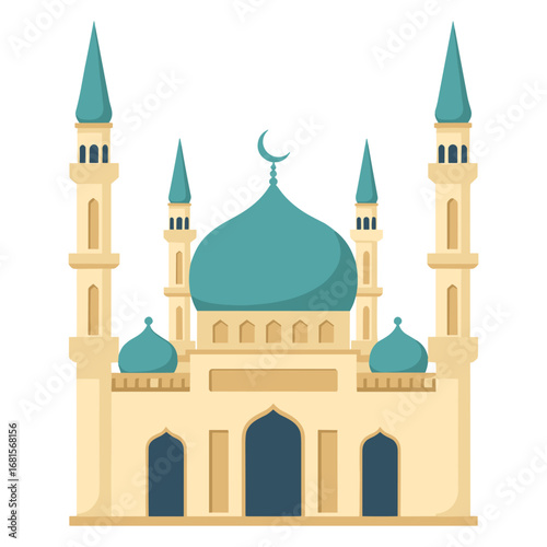 Traditional mosque with teal domes and yellow walls in a flat vector illustration style islam religion