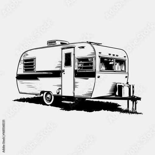 Travel Trailer Vintage Graphic Icon Set Logotype Style Flat Design,  Adventure Trailer Illustration Vector Black Art