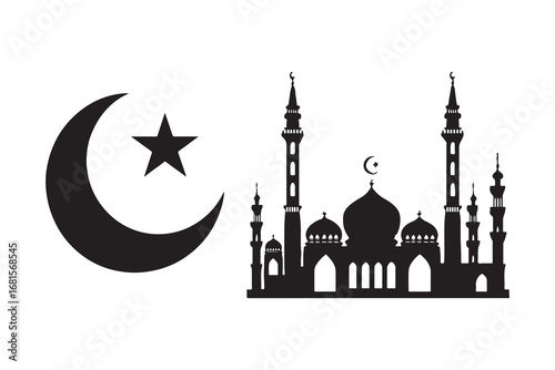 Sacred Mosque Silhouette. Black Vector and Illustration.
