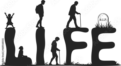 Silhouette illustration of life’s journey from childhood to old age, symbolizing stages of life ending with a gravestone.