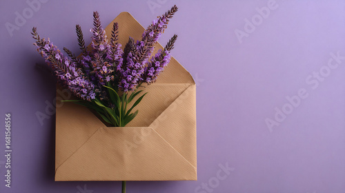 Lavender flowers in envelope on purple background stock photo and image download