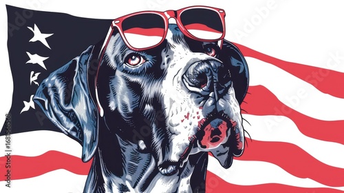 dog red sunglass usa flag in neck blur background outdoor a memorial day military veterans and patriotism concept happy independence day, 4th july , Happy Memorial day