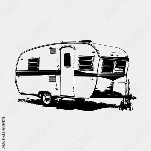 Travel Trailer Vintage Graphic Icon Set Logotype Style Flat Design,  Adventure Trailer Illustration Vector Black Art