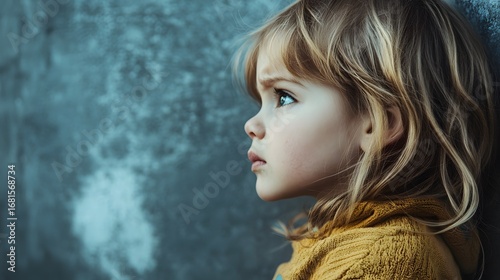 Portrait of a young girl with blonde hair looking away with a serious expression on her face close up shot
