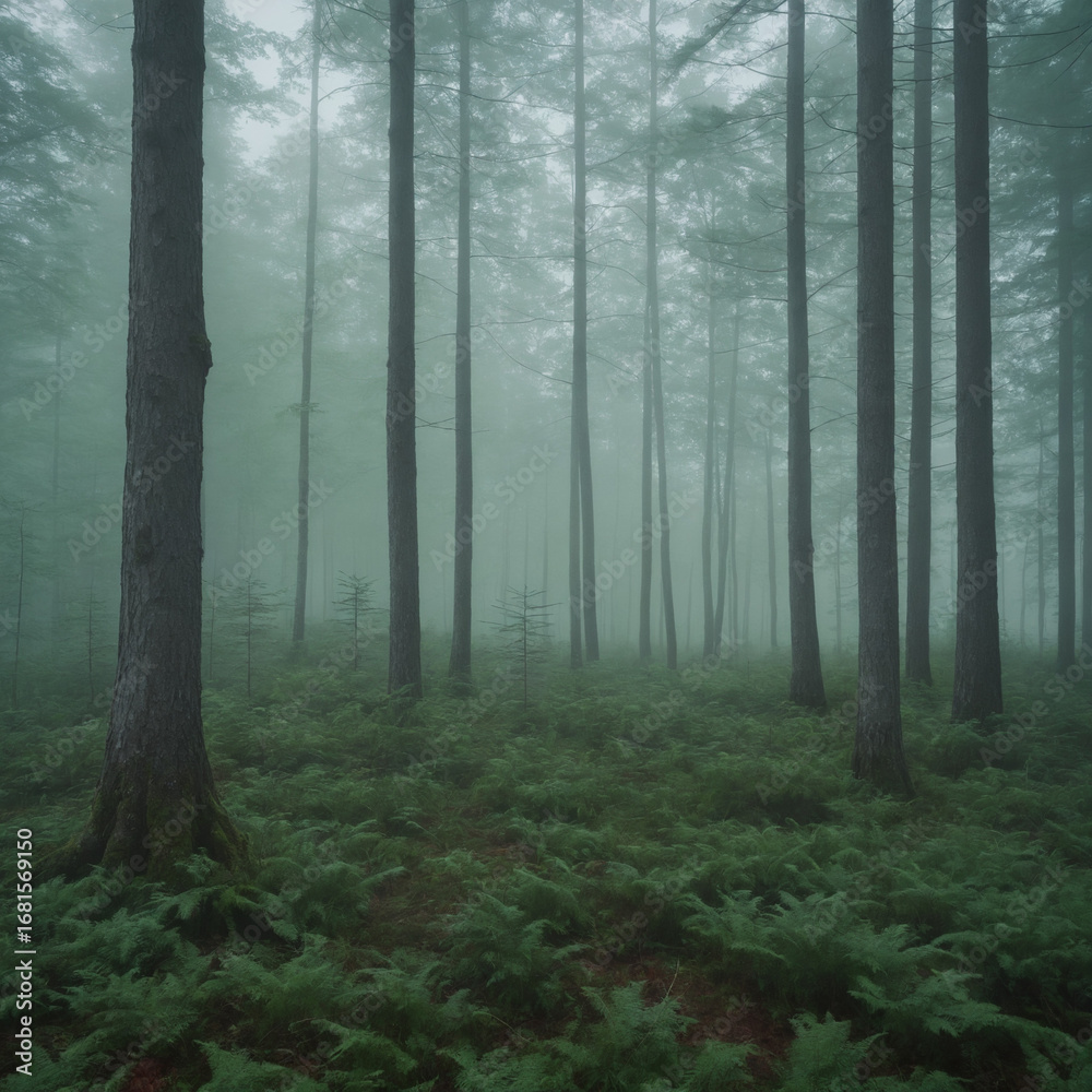 Fototapeta premium Misty northern forest at dawn