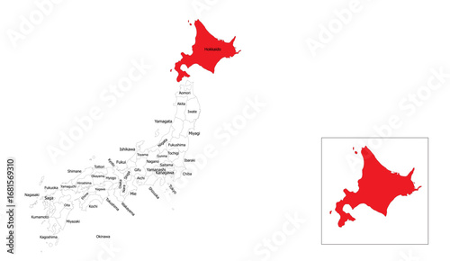 A map of Japan is highlighted in red to show Hokkaido province, with the shape of Hokkaido also highlighted as a separate square visual element on a clean white background
