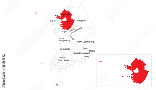 Detailed map highlights Gyeonggi Province and Jeju Island in vivid red against a white backdrop, showcasing South Korea's administrative regions and emphasizing geographical distinctions
