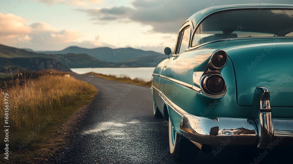 Fototapeta premium Exploring scenic routes with a vintage automobile on a coastal road trip at sunset for a classic adventure