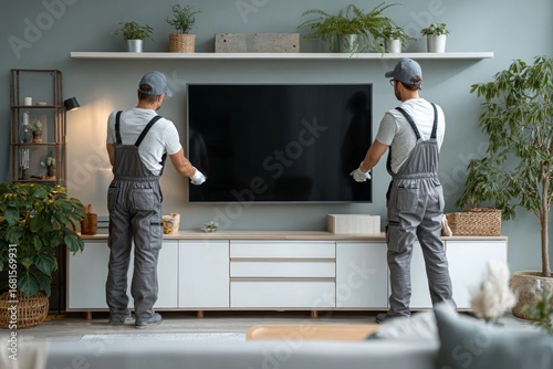 Two technicians mounting a television on the wall in a contemporary living room