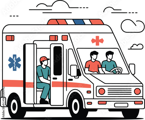 Ambulance with paramedics responding to emergency medical call scene