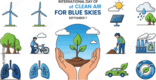 International day of clean air for blue skies with environmental icons and elements displayed