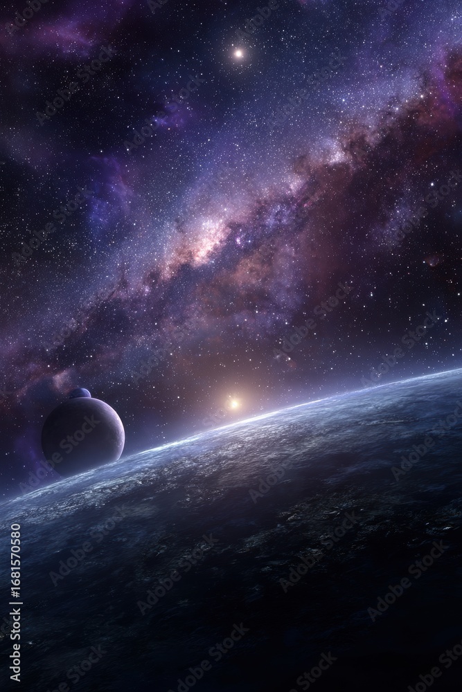 Fototapeta premium Cosmic Landscape View of Planet and Galaxy, Space Exploration Concept, Dramatic Lighting, Digital Art