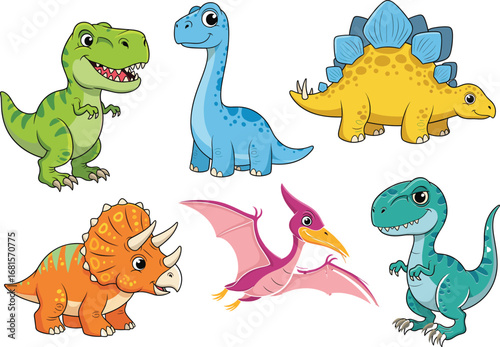 Colorful cartoon dinosaurs in playful poses, cute prehistoric animals for kids, fun Jurassic creature vector art, educational dinosaur character illustration for children