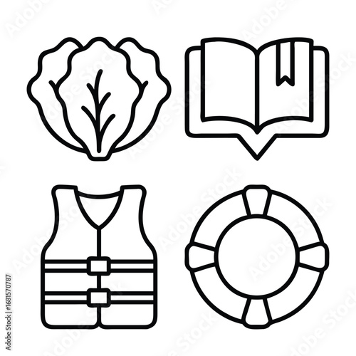 Lettuce book life vest lifebuoy icons vector