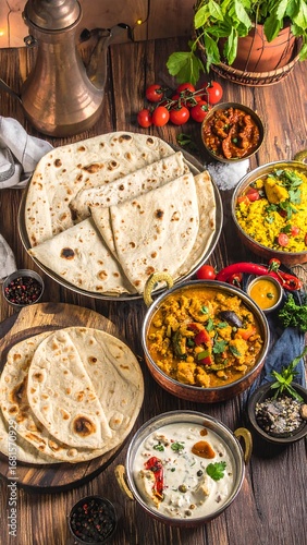 Assorted Indian dishes on wooden table