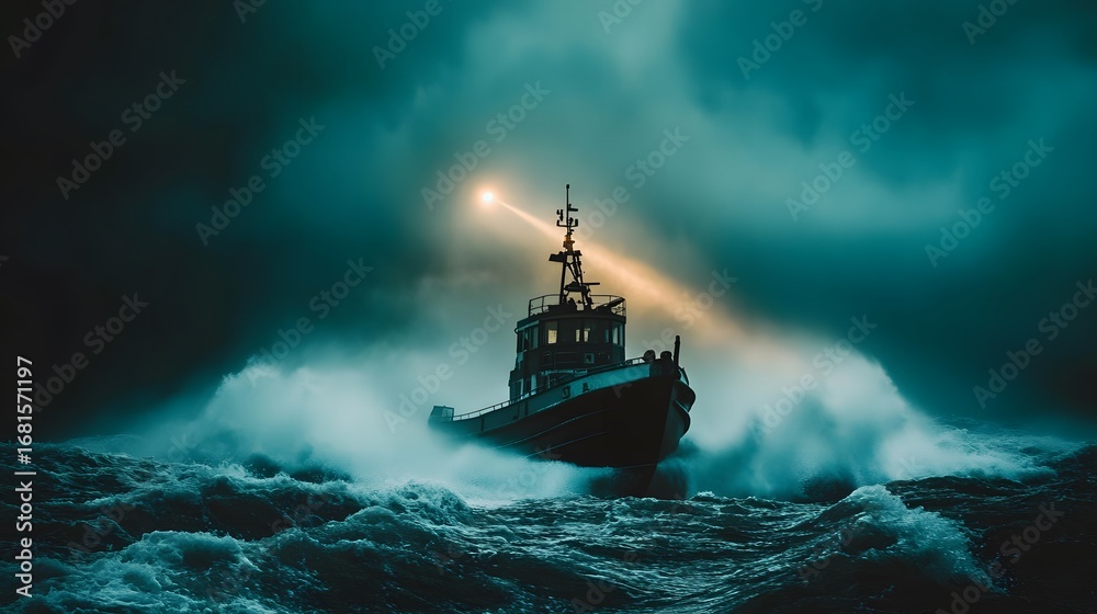 Obraz premium Dramatic seascape with boat sailing through stormy waters under a spotlight in the deep ocean at night