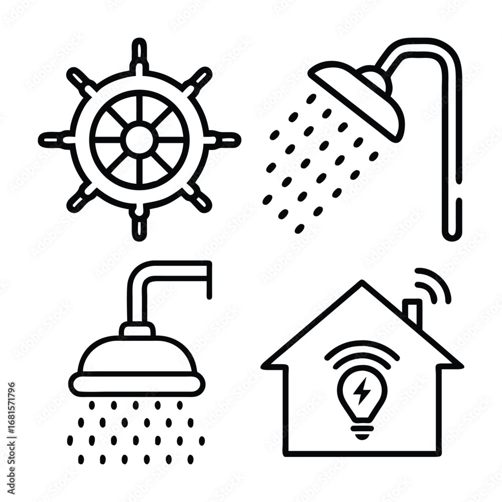 Obraz premium Nautical wheel shower and smart home icons ship wheel