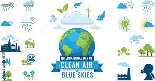 International day of clean air for blue skies concept with earth and environmental icons around it