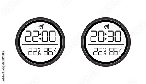 Two black digital clocks display different times and environmental data against a crisp white backdrop, highlighting precision and functionality within a modern, circular design