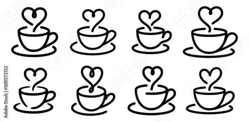 Coffee Cup Heart Steam Line Art Icons saucer