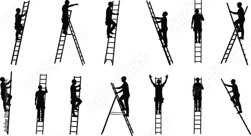 Black worker silhouette on ladder collection, construction man climbing poses, maintenance vector illustration set for safety, building, repair, industrial design.