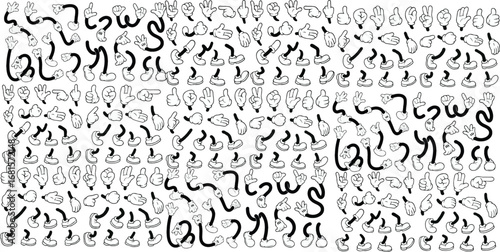 Retro cartoon legs and hands, Hands with gloves and feet with boots, various poses for characters, a set of poses, gestures, placement of hands and feet. Mascot character set. Cartoon set of limbs.eps