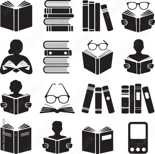 Collection of book reading and library related icons in silhouette knowledge education