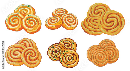 Assortment of Swirled Sweet Pastries with Green Sprinkles pastry dessert