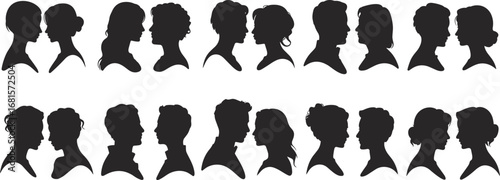 Silhouettes of diverse couples facing each other, expressing connection, intimacy, relationships, communication, love, and human interaction.