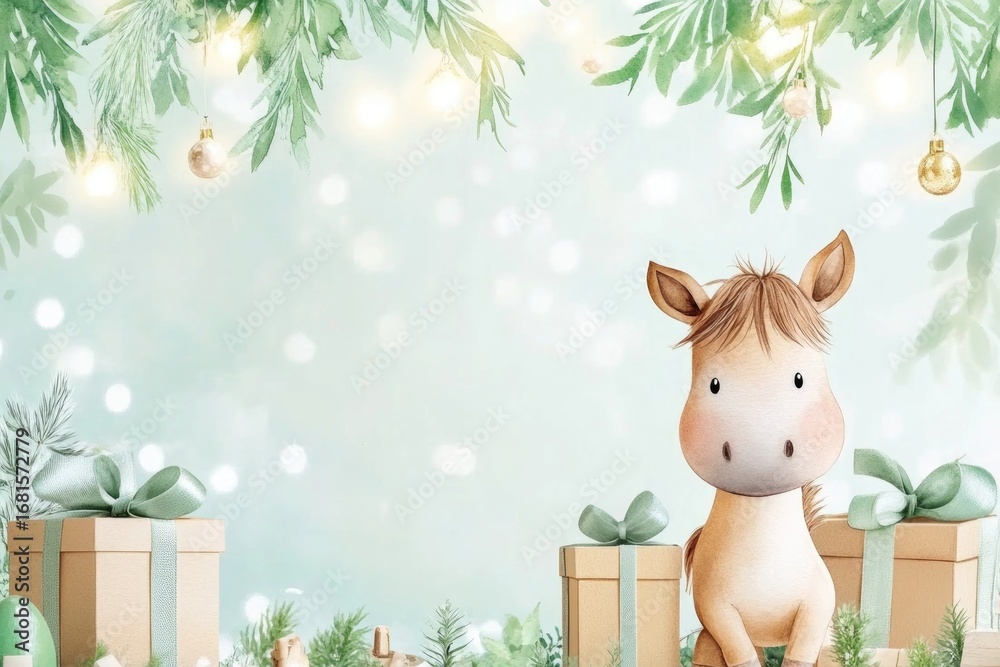 Naklejka premium Festive baby horse with gifts and christmas lights on a glittery background