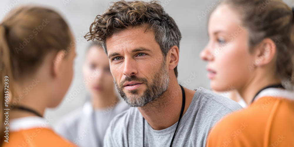 Fototapeta premium A coach attentively listens to two young athletes while discussing techniques during a training session at a gym