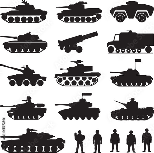 Military Tank and Soldier Icons Silhouette Collection army vehicle