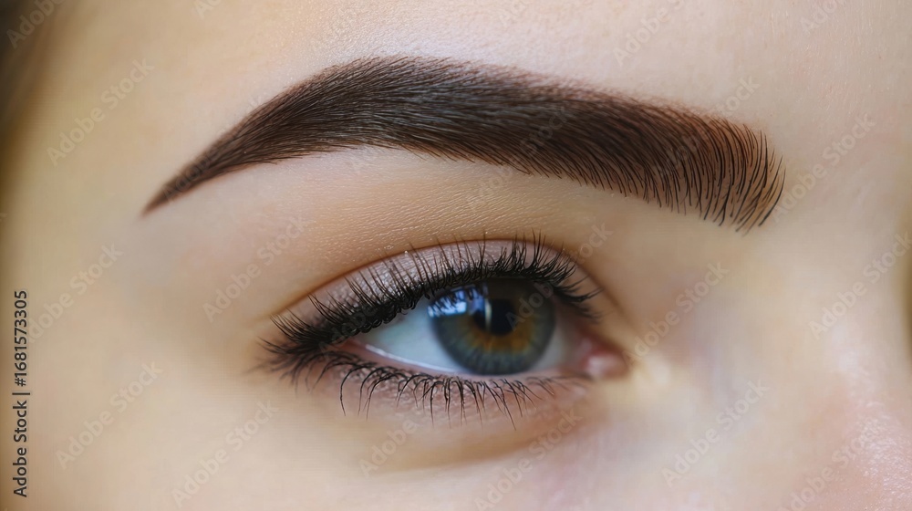 Obraz premium Close-up of a woman's eyes with well-defined eyebrows, full lashes, and smooth skin, highlighting meticulous grooming. Concept of beauty, eyebrow shaping kit, grooming and natural brow look.