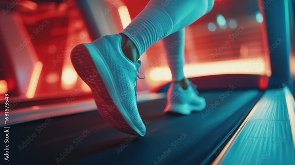 Fototapeta premium Close up of feet, sportman runner running on treadmill in fitness club. Cardio workout. Healthy lifestyle, guy training in gym. Sport running concept