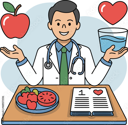 Doctor demonstrating healthy lifestyle choices with apple water and food plate