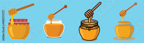 Honey Dippers and Jars with Dripping Honey on Blue Background sweet