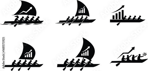 Team rowing boat icons with growth chart sails, teamwork, business success, collaboration, progress, leadership, people rowing, upward trend symbols