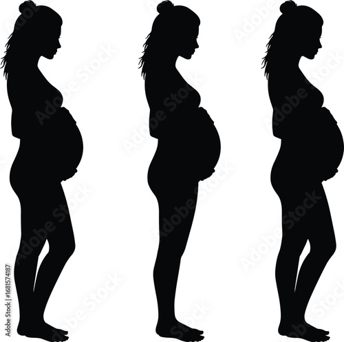 Pregnant woman silhouette side view, maternity vector design, motherhood concept illustration, expecting mother profile, prenatal health theme, CAD drawing flat vector illustration