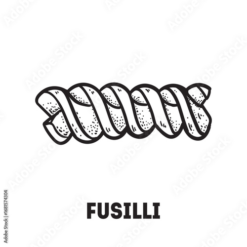 Pasta fusilli sketch. Italian food. Hand drawn vector illustration. Fusilli pasta Engraved style. Detailed black and white illustration.